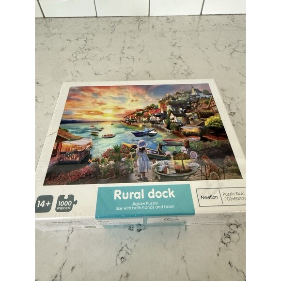 Rural Dock Sunset Ocean Town Village 1000 pc Jigsaw Puzzle 20x28 - Picture 3 of 3